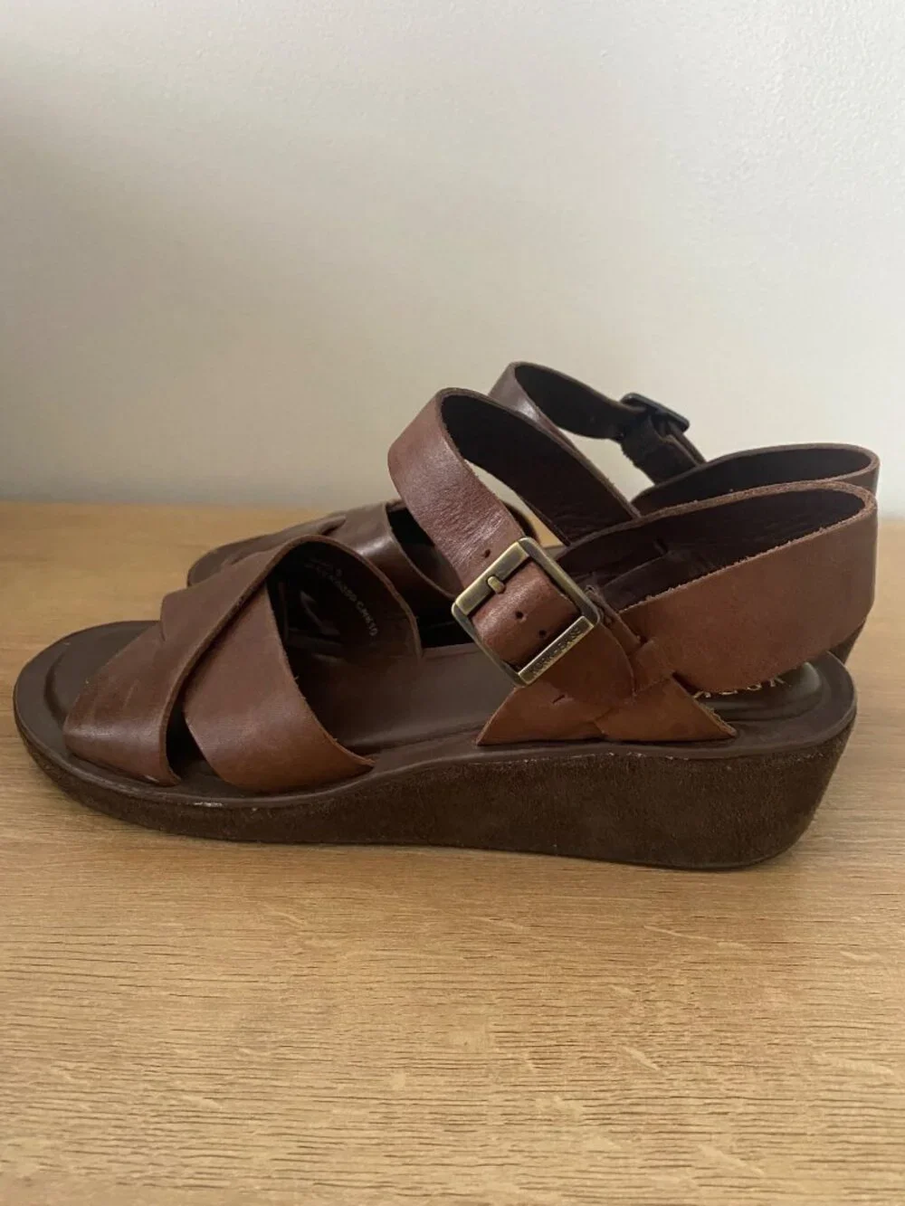 Kork-Ease Brown Leather Wedge Sandals With Adjustable Strap Size 9